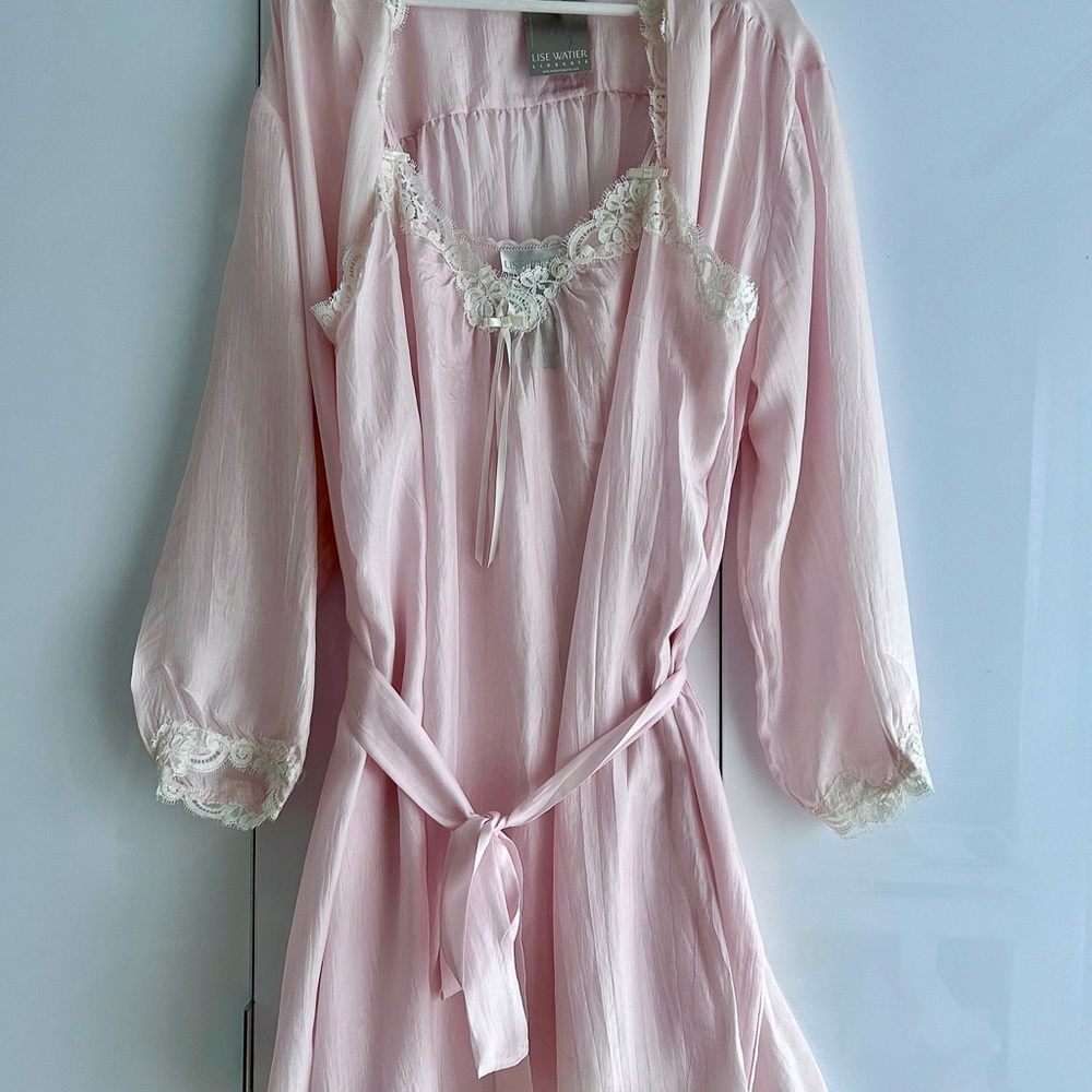 LISE WATIER Silk Blush Pink Vintage Robe & Nightie Set of 2 Large Ref.# 204